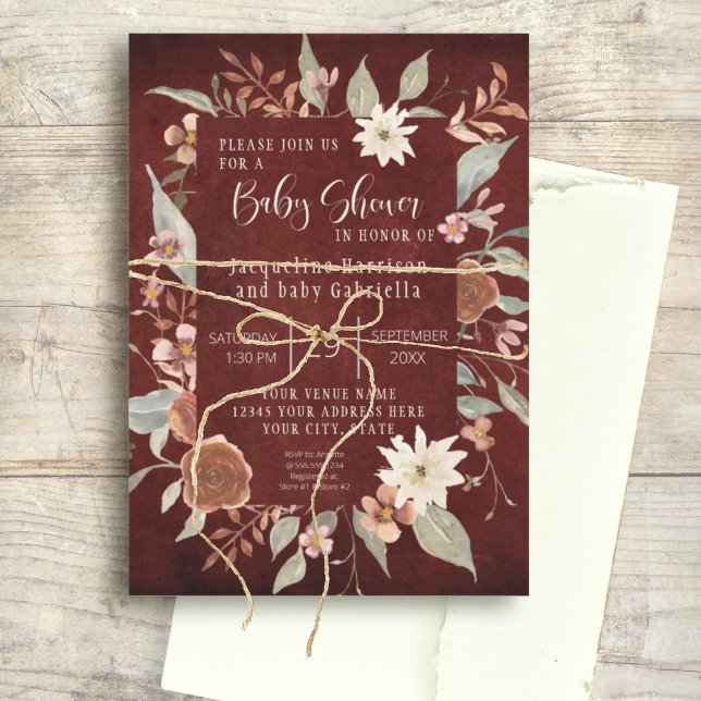 Invitación Fall Floral BOHO Script Chica Baby Shower Burgundy (Subido por el creador)