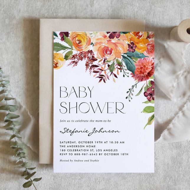 Invitación Fall Floral Bouquet QR Código Baby Shower (Watercolor Fall Floral Bouquet QR Code Baby Shower Invitation)