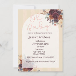 Invitación Fall Floral, Burgundy, Orange, Cream Baby Shower