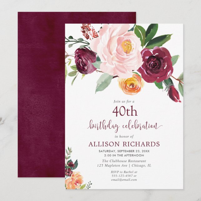 Invitación Fall floral burgundy rubia fiesta de cumpleaños ro (Anverso / Reverso)