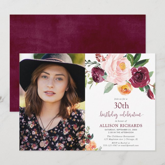 Invitación Fall floral burgundy rubia foto de cumpleaños rosa (Anverso / Reverso)