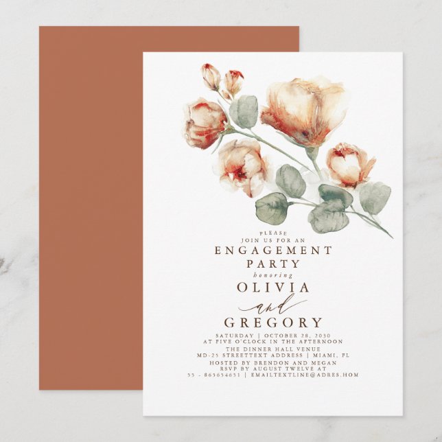 Invitación Fall Floral Elegant Romantic Engagement Party (Anverso / Reverso)