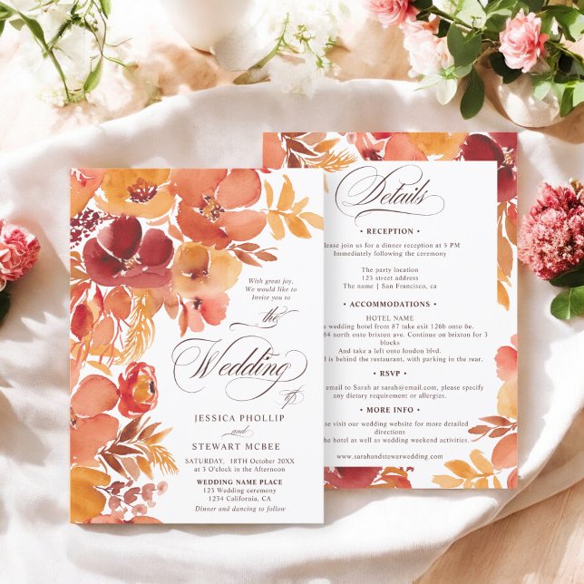 Invitación Fall Floral elegante boho todo en un boda de guion (Fall Floral elegant boho all in one script wedding Invitation)