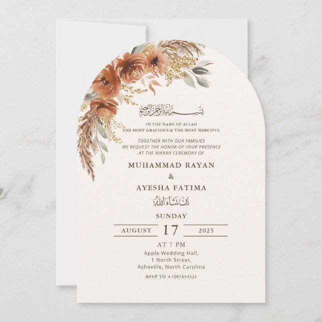 Invitación Fall Floral Elegante Nikkah Boda árabe islámico (Anverso)