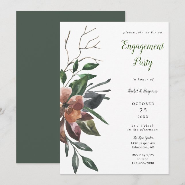Invitación Fall Floral Engagement Party Autumine Wine Rust (Anverso / Reverso)
