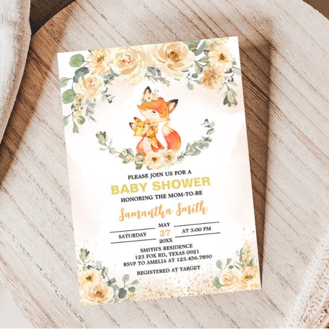 Invitación Fall Floral Fox Baby Shower (Fox Baby Shower Invitation)