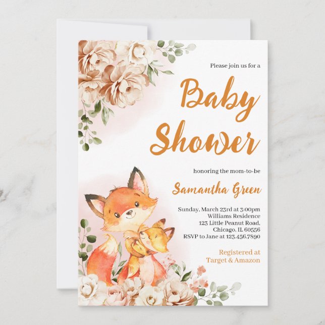 Invitación Fall Floral Fox Baby Shower (Anverso)