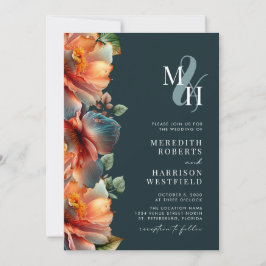 Invitación Fall Floral Monograma QR Código RSVP Boda de otoño
