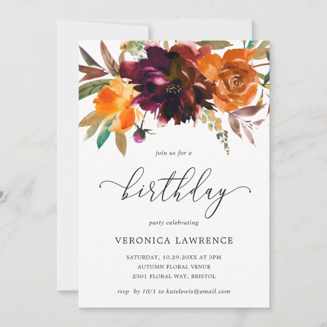 Invitación Fall Floral Naranja Borgoña Mujer Cumpleaños (Anverso)