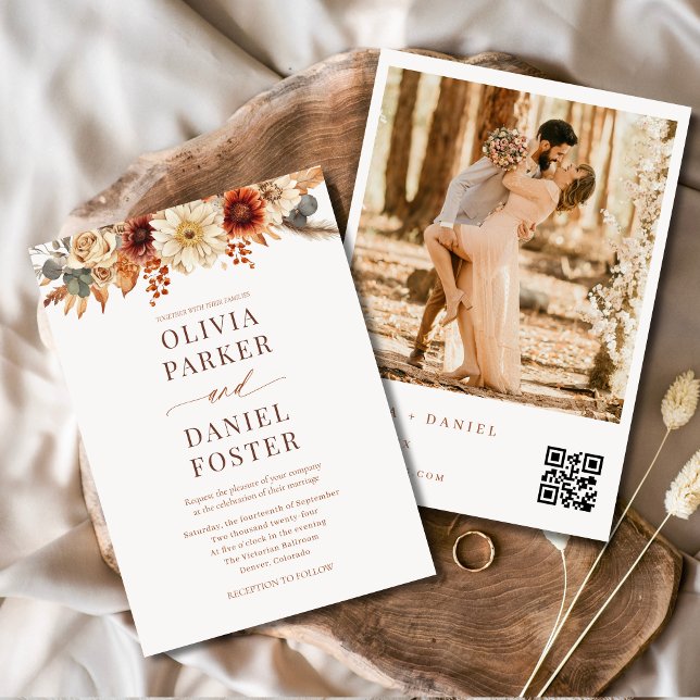 Invitación Fall Floral Otoño Código QR Boda fotográfico (Subido por el creador)
