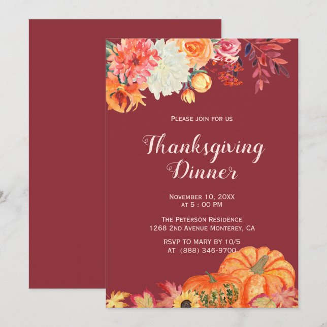 Invitación Fall Floral Pumpkin Thanksgiving Invitations (Anverso / Reverso)
