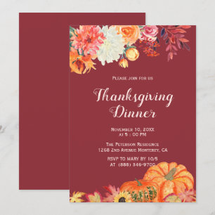 Invitación Fall Floral Pumpkin Thanksgiving Invitations