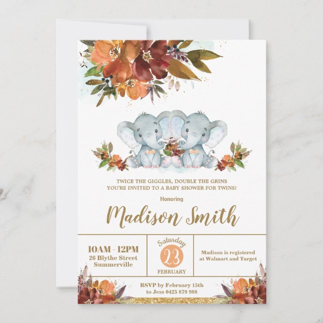 Invitación Fall Floral Twin Boys Elephants Twins Baby Shower (Anverso)