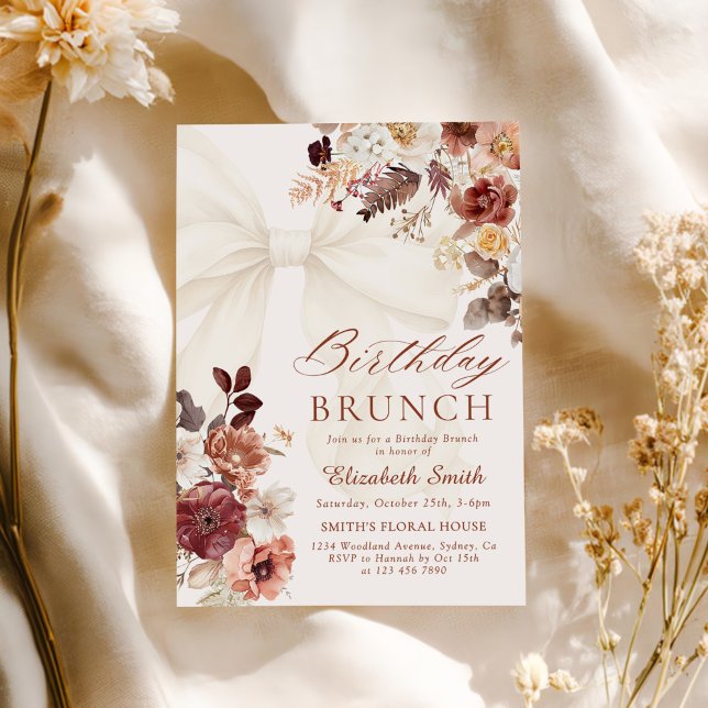 Invitación Fall Floral White Bow Birday Brunch (Subido por el creador)