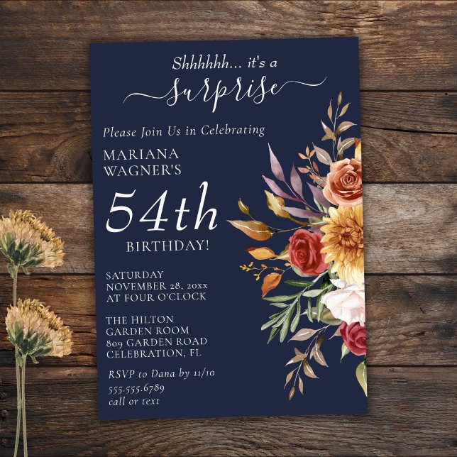 Invitación Fall Foliage Otoño Navy Blue Surprise Cumpleaños (Subido por el creador)