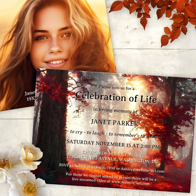 Invitación Fall Forest Memorial Celebration of Life Photo (Magical memorial or celebration of life service invitation featuring a sunlit colorful fall forest)