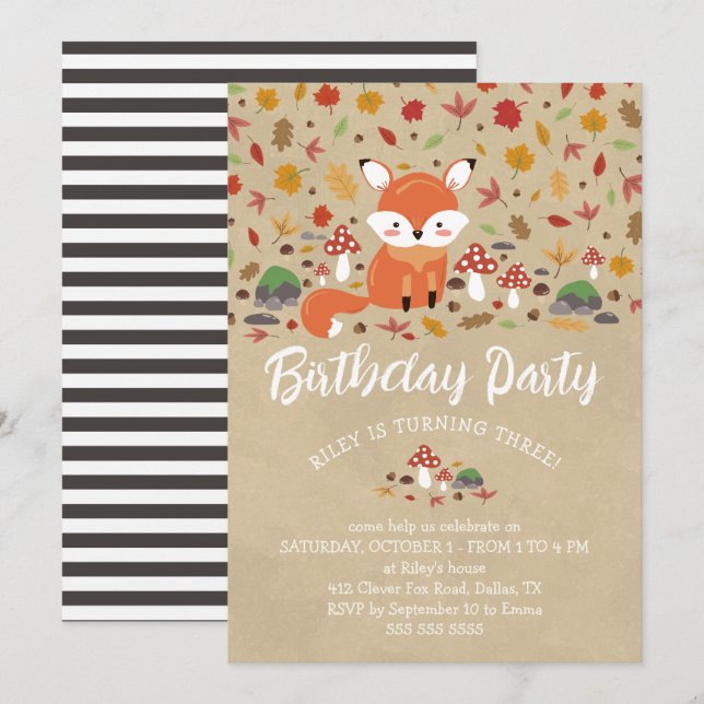 Invitación Fall Fox Kids Sandy Woodland Birday Party (Anverso / Reverso)