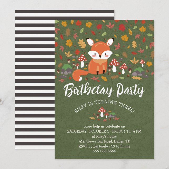 Invitación Fall Fox Kids Woodland Birthday Party (Anverso / Reverso)