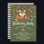 Invitación Fall Fox Kids Woodland Birthday Party<br><div class="desc">Invite a los invitados a la fiesta de cumpleaños de su hijo con esta encantadora invitación de los bosques, que incluye un adorable zorro dibujado a mano sentado entre taburetes, rocas de mezquita, bellotas y coloridas hojas de otoño. La fiesta de cumpleaños se escribe en un guión de pincel blanco....</div>