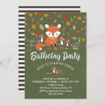 Invitación Fall Fox Kids Woodland Birthday Party<br><div class="desc">Invite a los invitados a la fiesta de cumpleaños de su hijo con esta encantadora invitación de los bosques, que incluye un adorable zorro dibujado a mano sentado entre taburetes, rocas de mezquita, bellotas y coloridas hojas de otoño. La fiesta de cumpleaños se escribe en un guión de pincel blanco....</div>