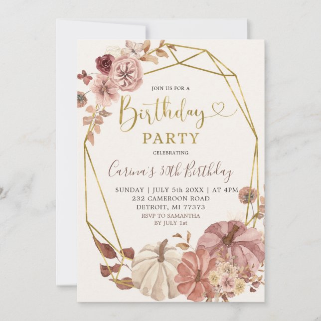 Invitación Fall Geometric Boho Floral Pumpkin Partido de Cump (Anverso)