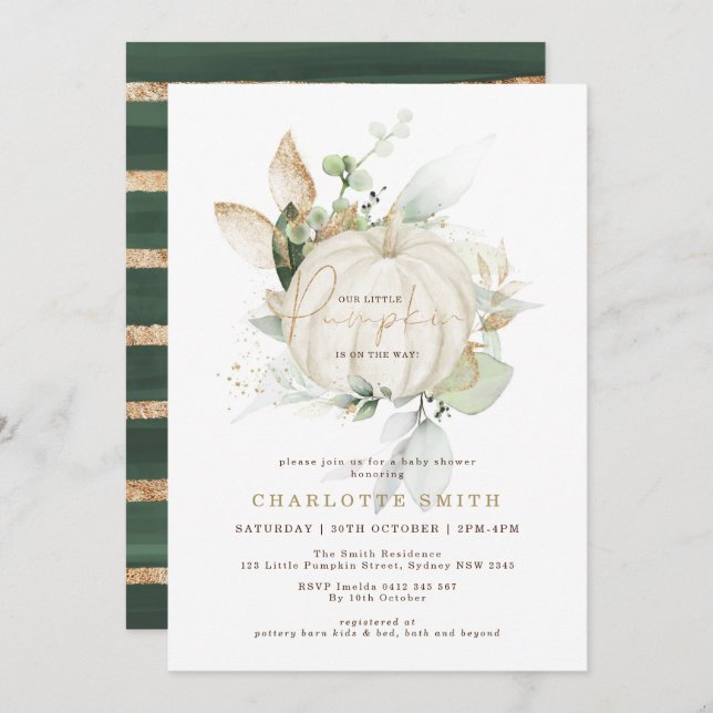 Invitación Fall Greenery Gold Pumpkin Parejas Baby Shower (Anverso / Reverso)