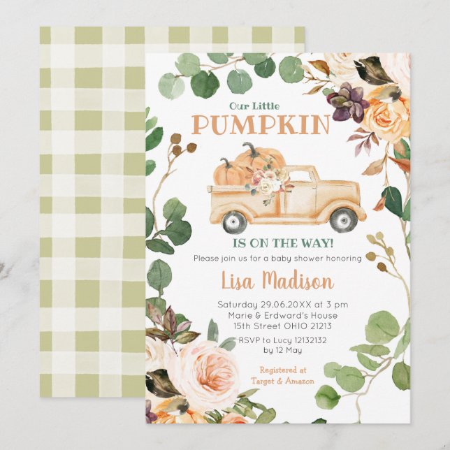 Invitación Fall Greenery Peach Pumpkin Truck Baby Shower (Anverso / Reverso)