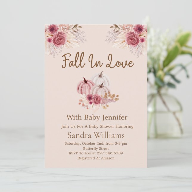 Invitación Fall In Love Boho Pink Pumpkin Autumn Baby Shower (Anverso de pie)