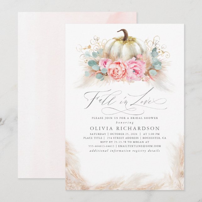 Invitación Fall in Love Bridal Shower  Pink Flowers Pumpkin (Anverso / Reverso)