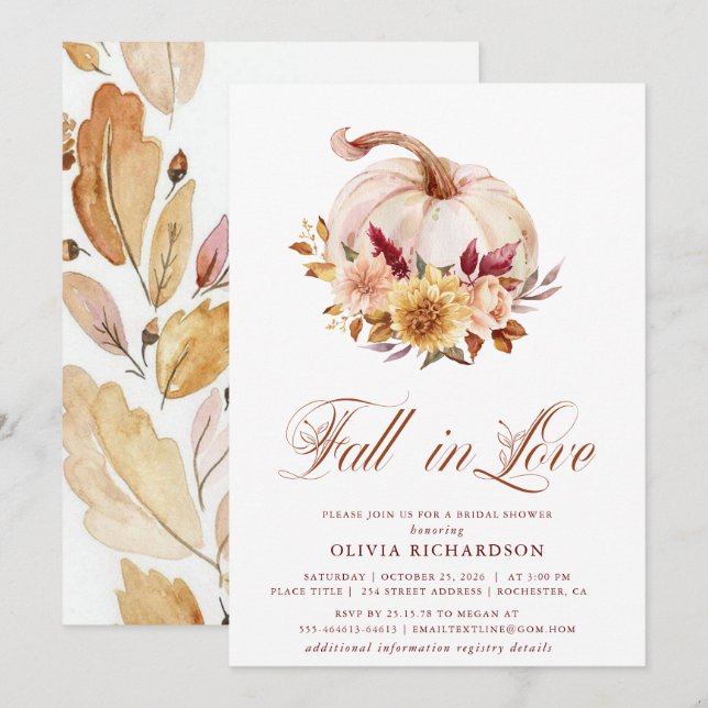 Invitación Fall in Love Bridal Shower Rust Flowers Pumpkin (Anverso / Reverso)