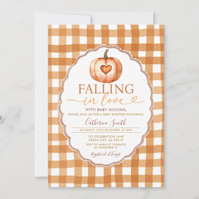 Invitación Fall in love Heart Pumpkin Baby shower Gingham (Anverso)