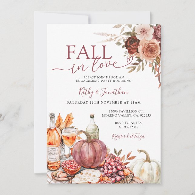 Invitación Fall in Love Marsala Floral Pumpkin Engagement (Anverso)