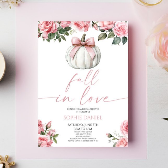 Invitación Fall In Love Pink Bow Pumpkin Floral Bridal Shower (Subido por el creador)