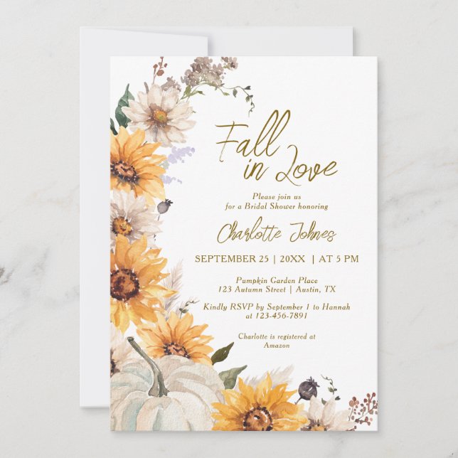 Invitación Fall In Love Sunflowers Pumpkin Boho Bridal Shower (Anverso)