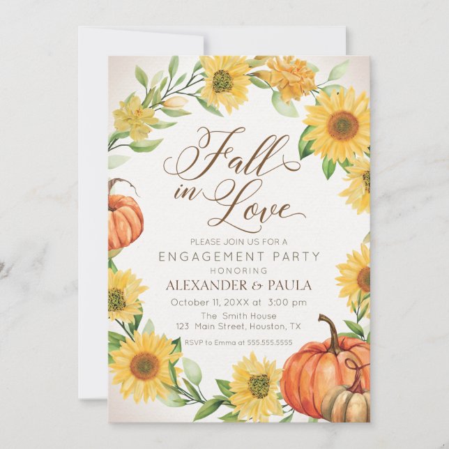 Invitación Fall in Love Sunflowers & Pumpkins fall engagement (Anverso)