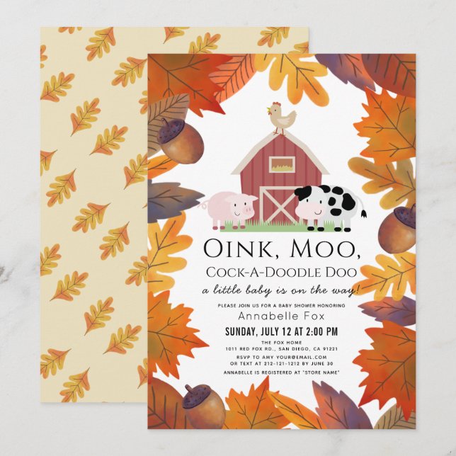 Invitación Fall Leaves Farm Animals Barnyard Baby Shower (Anverso / Reverso)