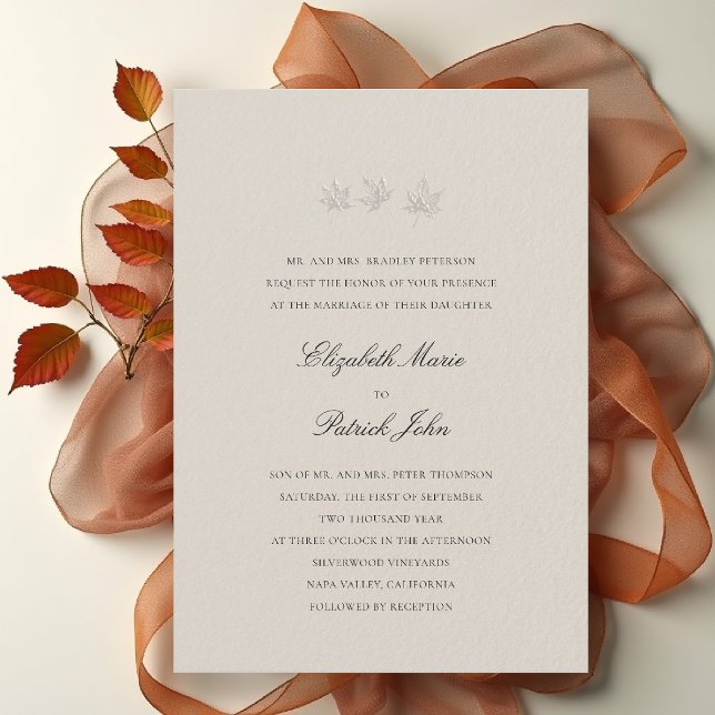 Invitación Fall Leaves Formal Modern Classic Wheat Wedding (fall leaves wedding invitation formal modern classic black tie autumn botanical elegant wheat beige)