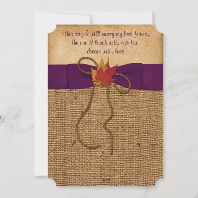 Invitación Fall Leaves FUX Burlap, Wedding Invit - Purple (Anverso)