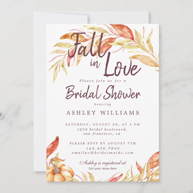 Invitación Fall Love Gold Foliage Burgundy Bridal Shower (Anverso)