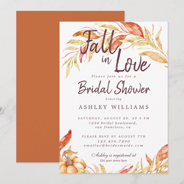 Invitación Fall Love Gold Foliage Naranja Bridal Shower (Anverso / Reverso)