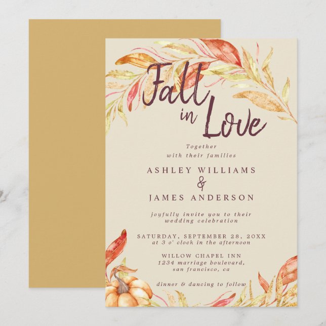 Invitación Fall Love Golden Foliage Antiguo Boda amarillo (Anverso / Reverso)