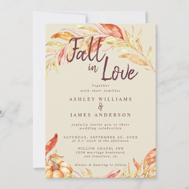 Invitación Fall Love Golden Foliage Antiguo Boda Blanco (Anverso)