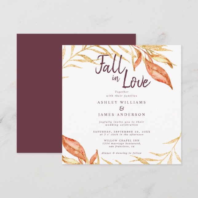 Invitación Fall Love Golden Foliage Autumd Burgundy Boda (Anverso / Reverso)