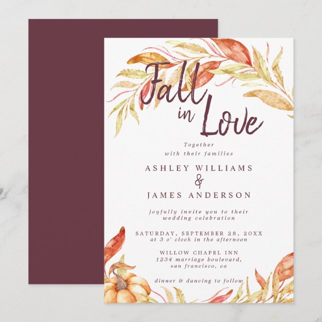 Invitación Fall Love Golden Foliage Autumd Burgundy Boda (Anverso / Reverso)