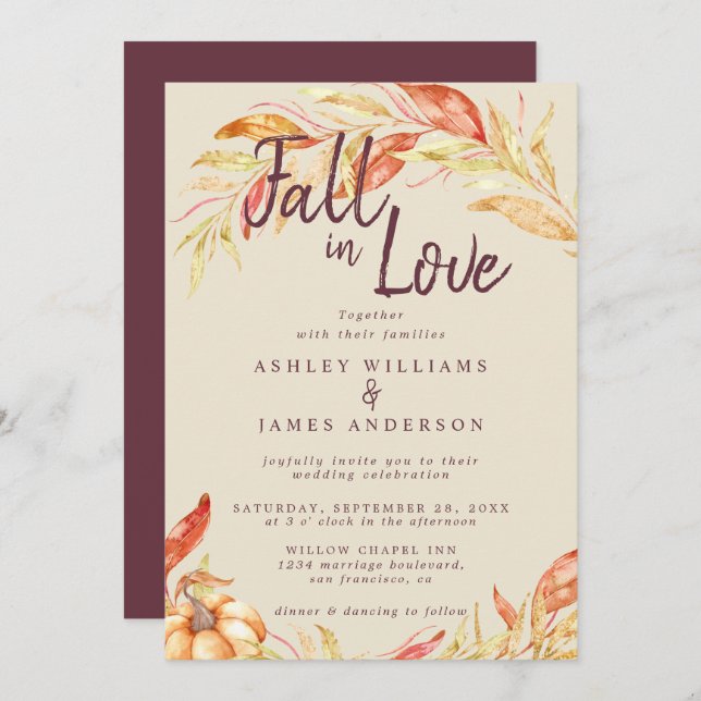 Invitación Fall Love Golden Foliage Autumd Burgundy Boda (Anverso / Reverso)
