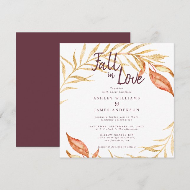 Invitación Fall Love Golden Foliage Autumd Burgundy Boda (Anverso / Reverso)