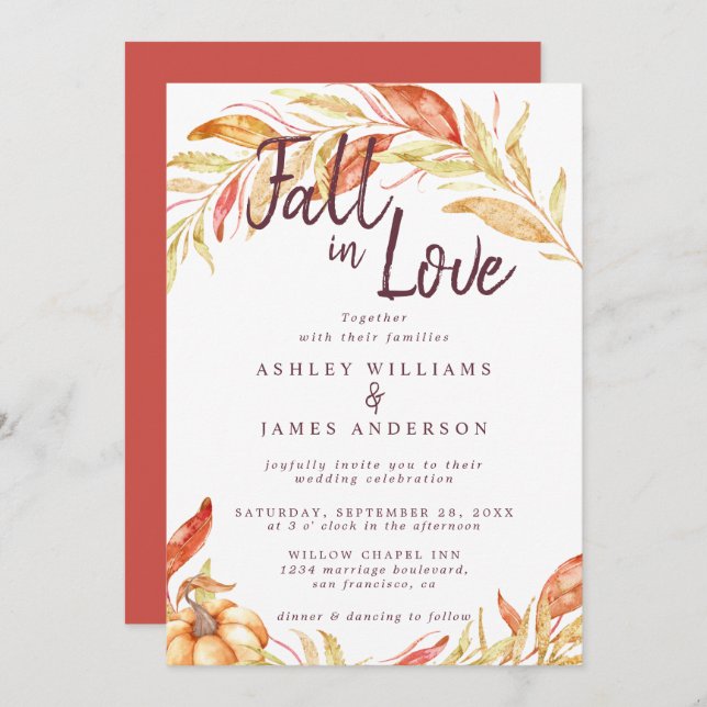 Invitación Fall Love Golden Foliage Autumn Red Boda (Anverso / Reverso)