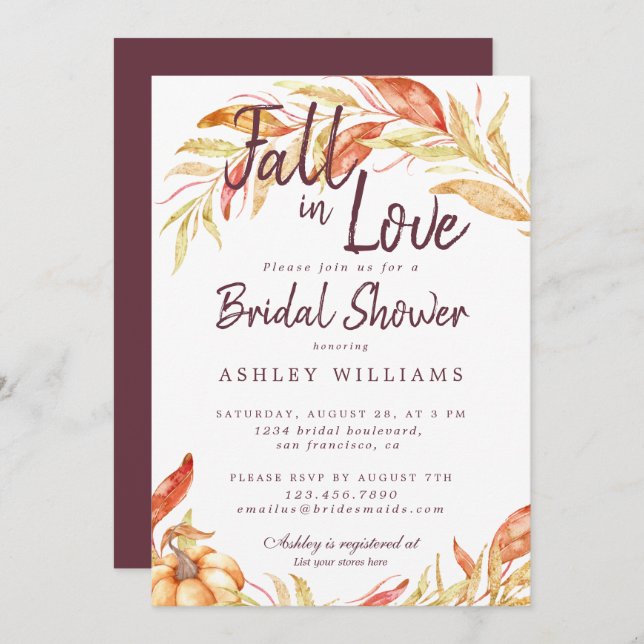 Invitación Fall Love Golden Foliage Burgundy Bridal Shower (Anverso / Reverso)