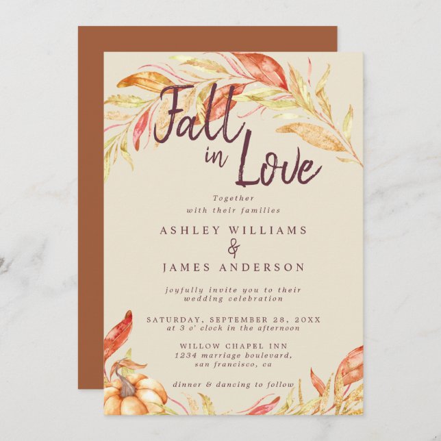 Invitación Fall Love Golden Foliage TerraCotta Boda (Anverso / Reverso)