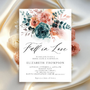Invitación Fall Love Naranja quemado Verde azulado Floral Bri